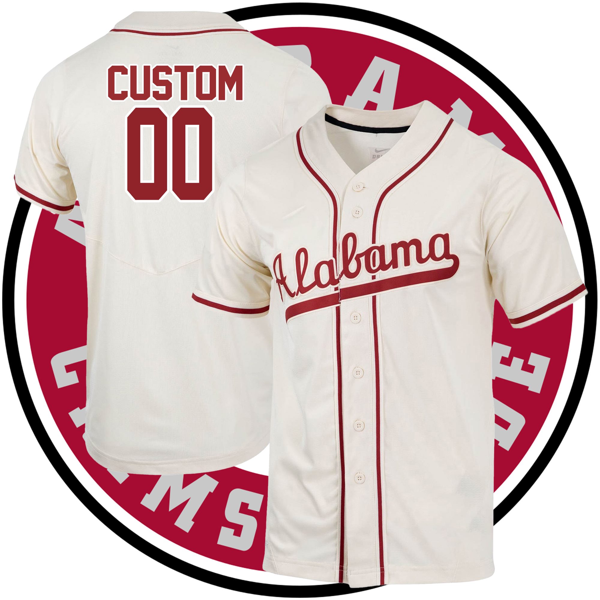 Custom Alabama Crimson Tide Full-Button Baseball Jersey - Natural Custom Alabama Crimson Tide Full-Button Baseball Jersey - Natural