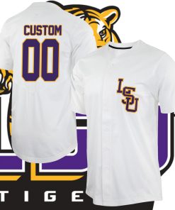 Custom LSU Tigers College Baseball Full Button Jersey - White