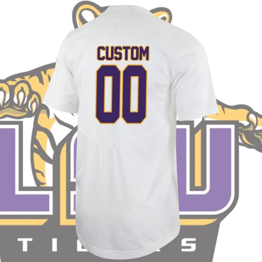 Custom LSU Tigers College Baseball Full Button Jersey - White