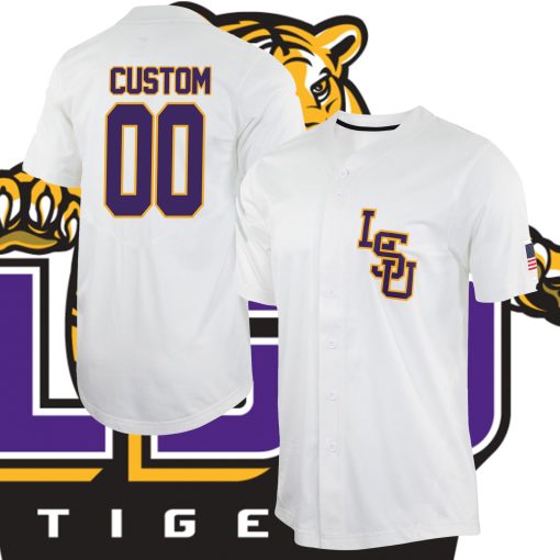 Custom LSU Tigers College Baseball Full Button Jersey - White