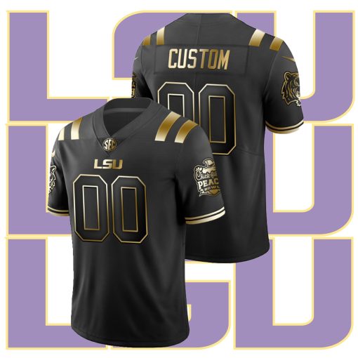 Custom LSU Tigers Black College Football Peach Bowl Champions Golden Jersey