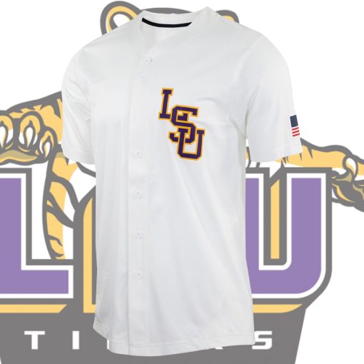 Custom LSU Tigers College Baseball Full Button Jersey - White