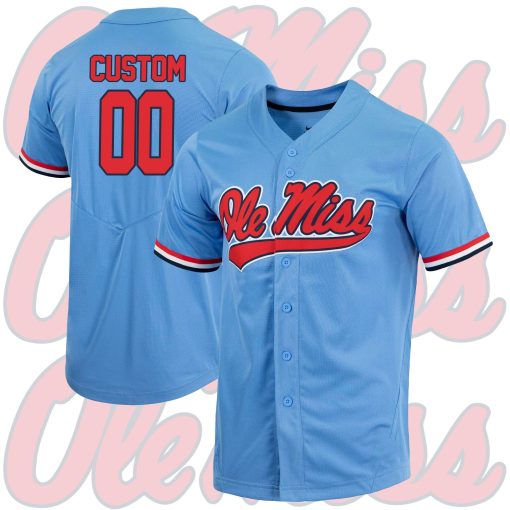 Custom Ole Miss Rebels Full-Button College Baseball Jersey - Powder Blue