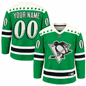 Custom Pittsburgh Penguins 2021 St. Patrick's Day green jersey, front and back, with shamrock details
