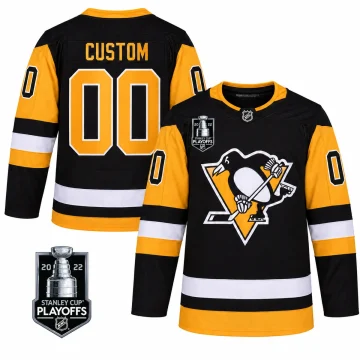 Custom Pittsburgh Penguins 2022 Stanley Cup Playoffs black jersey, front and back, with verified 2022 playoffs patch
