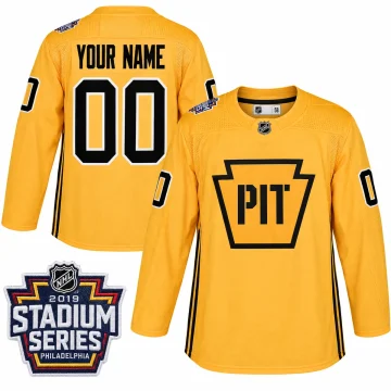 Custom Pittsburgh Penguins gold practice jersey, front and back, with 2019 Stadium Series shoulder patch