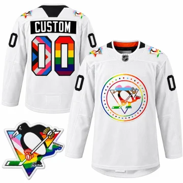 Custom Pittsburgh Penguins Pride warmup 2022 white jersey, front and back, with rainbow shoulder patch