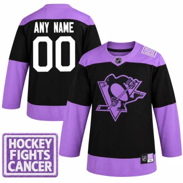 Custom Pittsburgh Penguins Hockey Fights Cancer practice black jersey, front and back with shoulder patch
