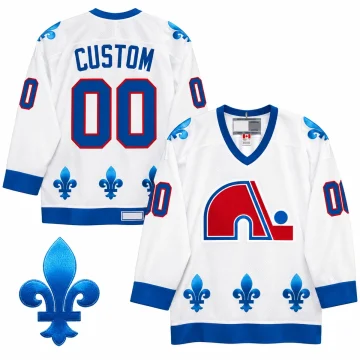 Quebec Nordiques custom vintage white jersey front and back with blue fleur-de-lis patch detail