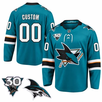 Custom San Jose Sharks 2021 30th Anniversary home teal jersey, front and back with verified anniversary and shoulder patches