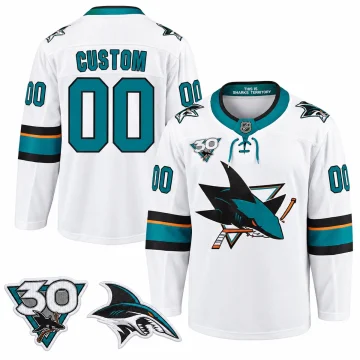Custom San Jose Sharks 2021 30th Anniversary white jersey, front and back with verified anniversary and shoulder patches