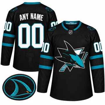 Custom San Jose Sharks 2018-19 black Stealth third alternate jersey, front and back with verified shoulder patch