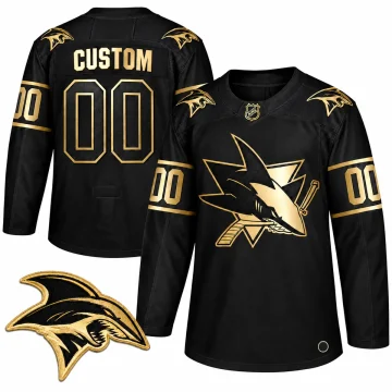 San Jose Sharks custom Golden Edition black jersey, front and back with verified Screaming Shark shoulder patch