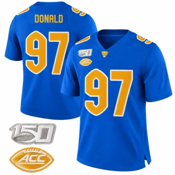 Aaron Donald Pitt Panthers number 97 blue and gold 150th commemorative football jersey, front and back