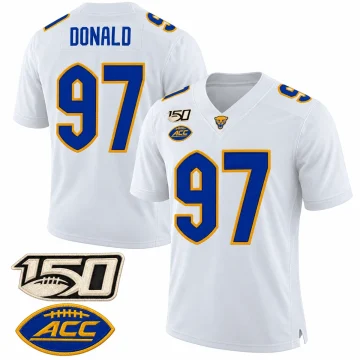 Aaron Donald Pitt Panthers number 97 white football jersey with blue and gold numbers, front and back
