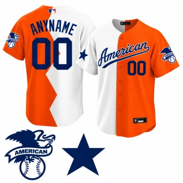 White and orange split American Futures Game custom ANYNAME 00 jersey, upright front and back on white with matching eagle and star sleeve patch insets