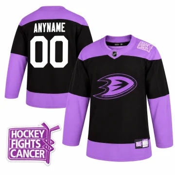 Black and lavender Anaheim Ducks ANYNAME 00 jersey front and back, with enlarged Hockey Fights Cancer shoulder patch on white.