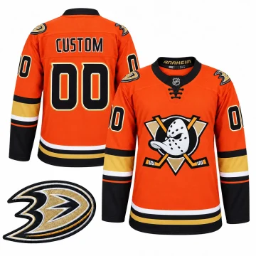 Orange Anaheim Ducks CUSTOM 00 alternate jersey front and back with classic mask crest and enlarged webbed D shoulder patch on white.