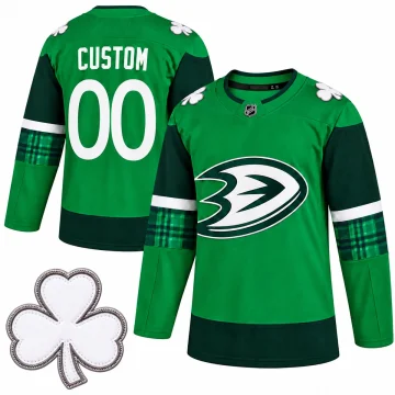 Front and back of a custom green Anaheim Ducks St Patrick's warmup jersey with CUSTOM 00 and one enlarged shamrock patch on white.