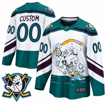 Front and back of a custom white jade and eggplant Anaheim Ducks Wild Wing jersey with CUSTOM 00 and one enlarged shoulder patch on white.