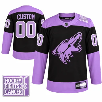 Black and lavender Arizona Coyotes Hockey Fights Cancer jersey with CUSTOM and 00, front and back with enlarged shoulder patch on white.