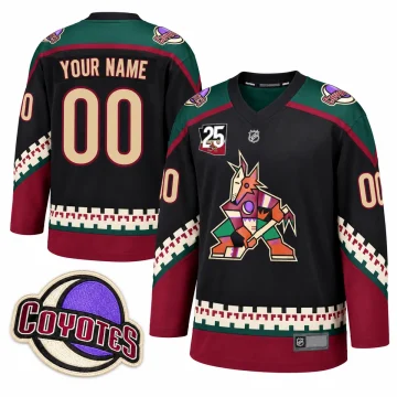 Black Arizona Coyotes Kachina YOUR NAME 00 jersey, front and back, with 25th anniversary chest patch and enlarged crescent Coyotes shoulder patch on white.