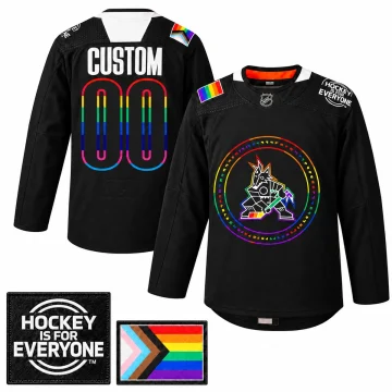 Black Arizona Coyotes Pride jersey, CUSTOM 00 front and back, with Progress Pride and Hockey Is For Everyone patches on a white background.