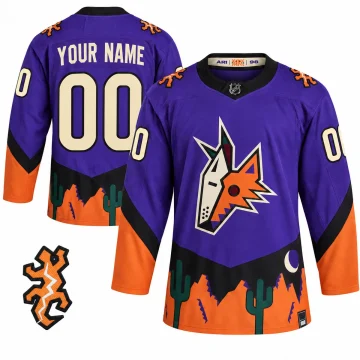 Purple Arizona Coyotes Reverse Retro jersey with YOUR NAME and 00, desert landscape and orange gecko shoulder patch, front and back on white.