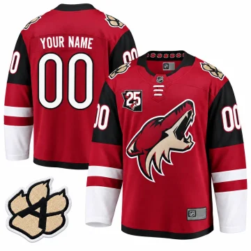 Red Arizona Coyotes YOUR NAME 00 jersey front and back with 25th anniversary chest patch and enlarged paw A shoulder patch on white.