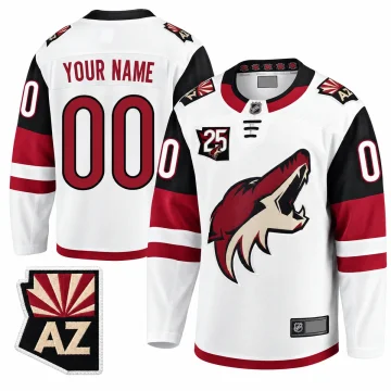 White Arizona Coyotes YOUR NAME 00 jersey front and back with 25th anniversary chest patch and enlarged Arizona AZ shoulder patch on white.