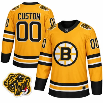 Boston Bruins 2020-21 Reverse Retro gold custom jersey front and back with bear shoulder patch
