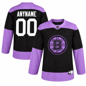 Boston Bruins Hockey Fights Cancer black and lavender practice jersey, front and back