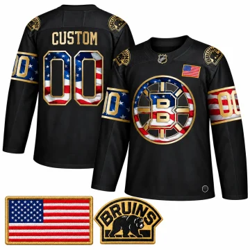 Custom Boston Bruins Independence Day black and gold jersey, front and back with flag and Bruins shoulder patch