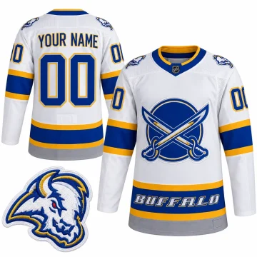Buffalo Sabres white Reverse Retro YOUR NAME 00 jersey, front and back with goat-head shoulder patch