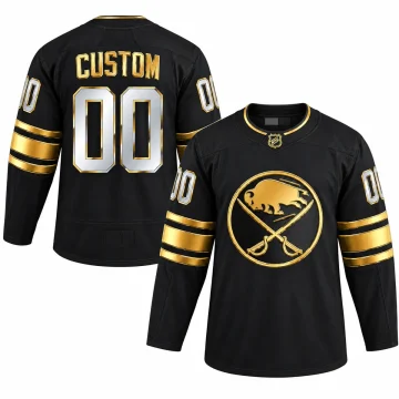 Buffalo Sabres custom black and metallic-gold CUSTOM 00 jersey, upright front and back on pure white background.