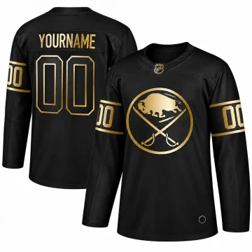 Custom Buffalo Sabres black and metallic gold jersey, front and back
