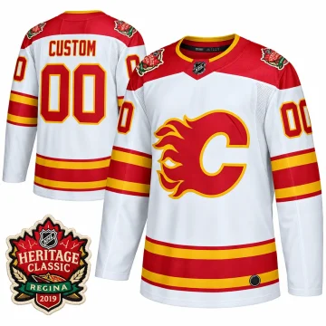 Calgary Flames 2019 Heritage Classic white custom jersey front and back with event patch