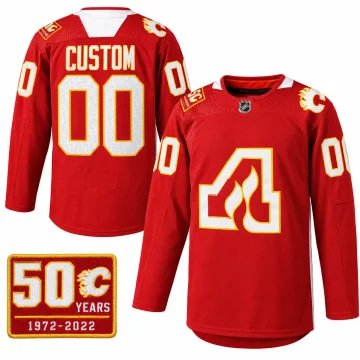 Calgary Flames Atlanta 50th anniversary red warm-up jersey front and back with 1972-2022 patch