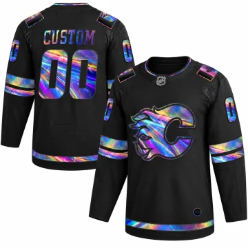 Custom Calgary Flames black iridescent holographic jersey, front and back views