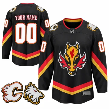 Custom Calgary Flames black special edition jersey, front and back views with shoulder emblems