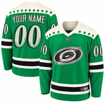 Custom Carolina Hurricanes green St. Patrick's Day jersey, front and back views