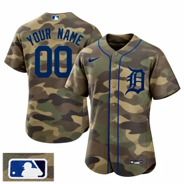 Front and back of Custom Detroit Tigers 2021 National Armed Forces Day Flex Base Jersey Camo