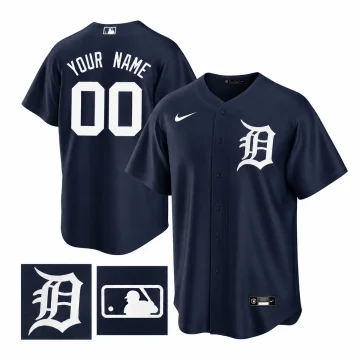 Front and back of Custom Detroit Tigers Cool Base Alternate Jersey Navy