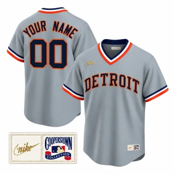 Front and back of Custom Detroit Tigers Cooperstown Collection Road Jersey Gray