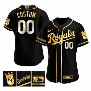 Front and back of Custom Kansas City Royals Golden Edition Flex Base Jersey Black