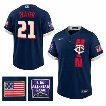 Custom Minnesota Twins 2021 All-Star navy Cool Base jersey front and back with US flag and All-Star Game Colorado sleeve patches