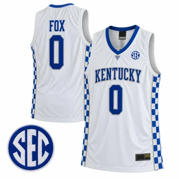 White Kentucky Wildcats basketball jersey showing FOX and number 0 on the back and Kentucky number 0 on the front.