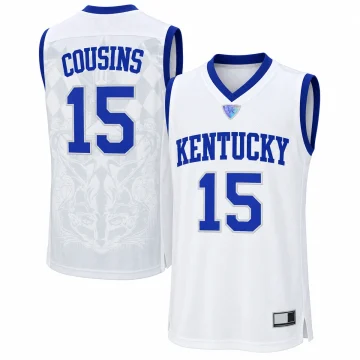White Kentucky Wildcats basketball jersey showing COUSINS and number 15 on the back and Kentucky number 15 on the front.