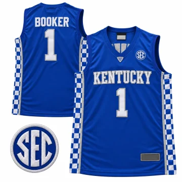 Royal-blue Kentucky Wildcats basketball jersey showing BOOKER and number 1 on the back and Kentucky number 1 on the front.