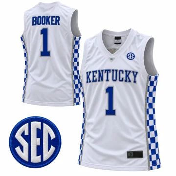 White Kentucky Wildcats basketball jersey showing BOOKER and number 1 on the back and Kentucky number 1 on the front.